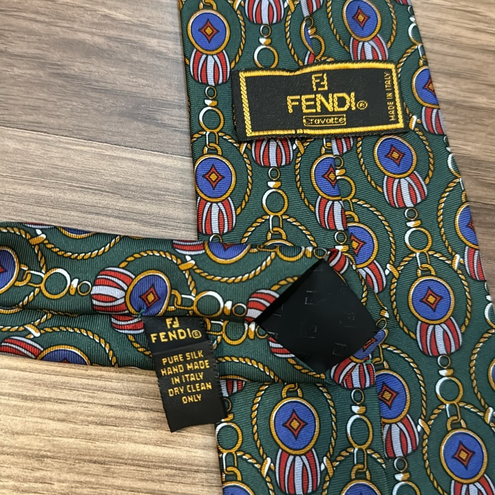 Fendi Silk Handmade Italy Green Blue Gold Multi Geometric Ornamental Tie